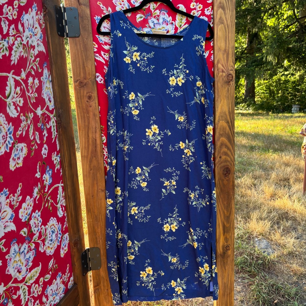 Vintage 90's Navy Blue Yellow Floral Art Teacher Jumper‎ Dress Women's Size L